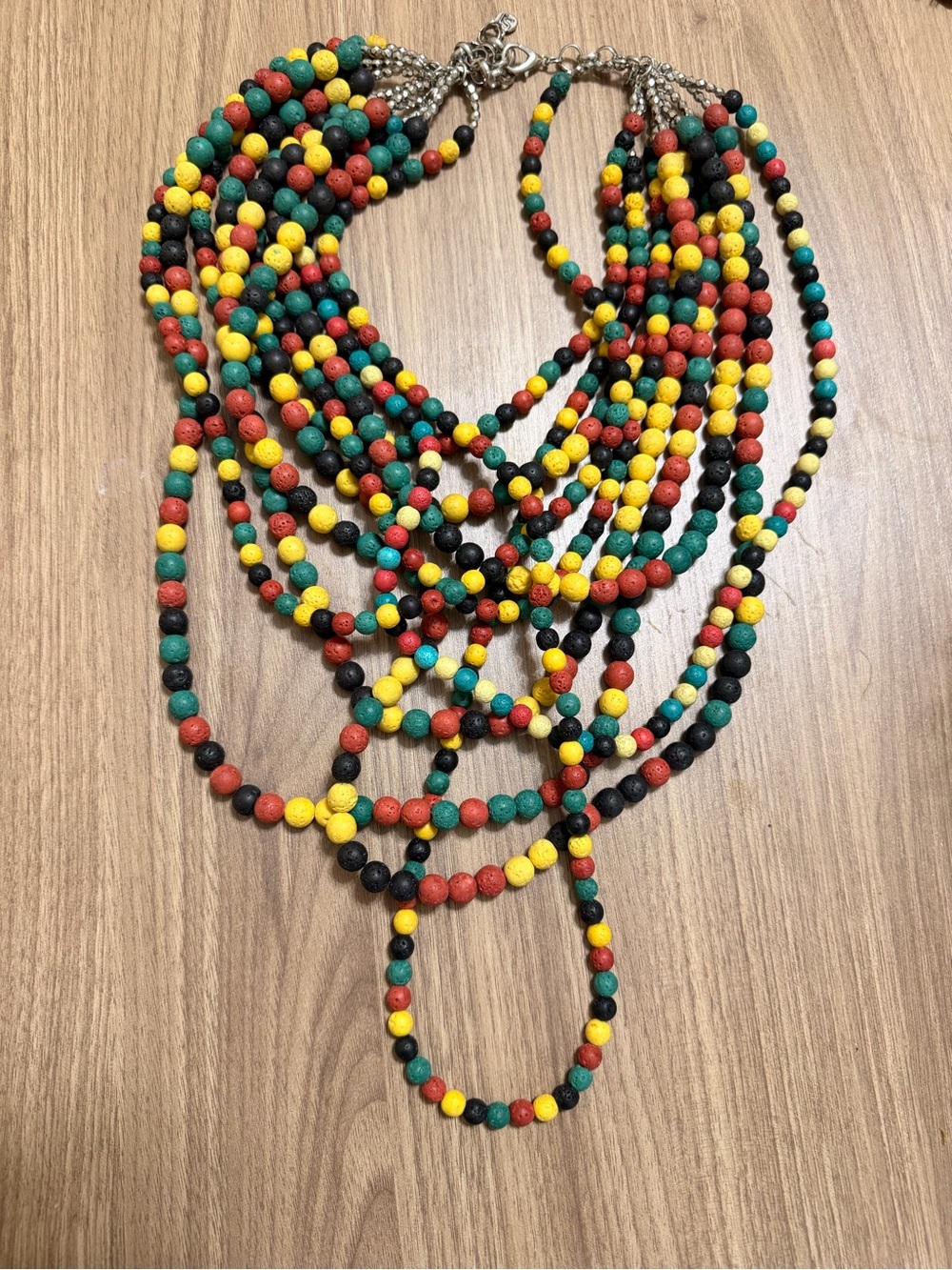 Sassy Jones Multistrand Beaded Necklace in Red, Yellow, Green, Black